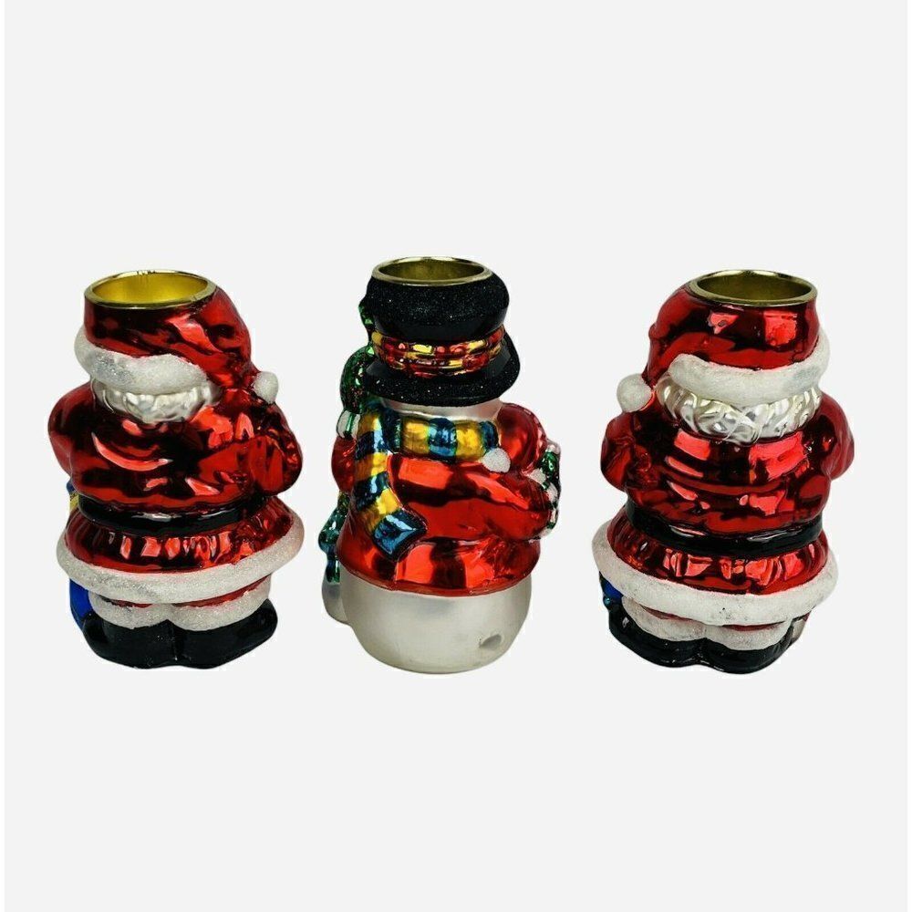 Traditions Blown Glass Christmas Tea Light Candle Holder Set of 3 Santa Snowman - Picture 4 of 12